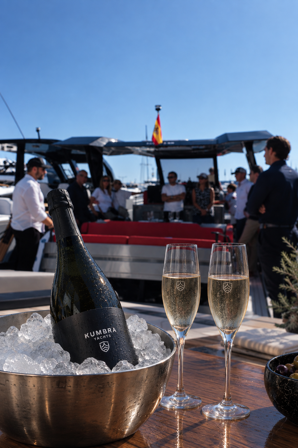 Kumbra Yachts — Botella y copas grabadas a bordo, listas para el brindis de entrega.